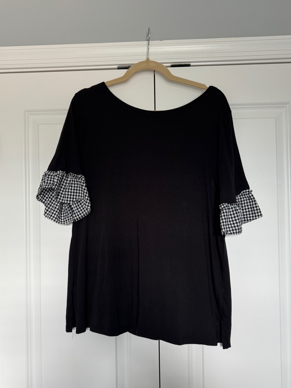 Talbots Women’s Short Sleeve Blouse with Gingham Details Black Size XL